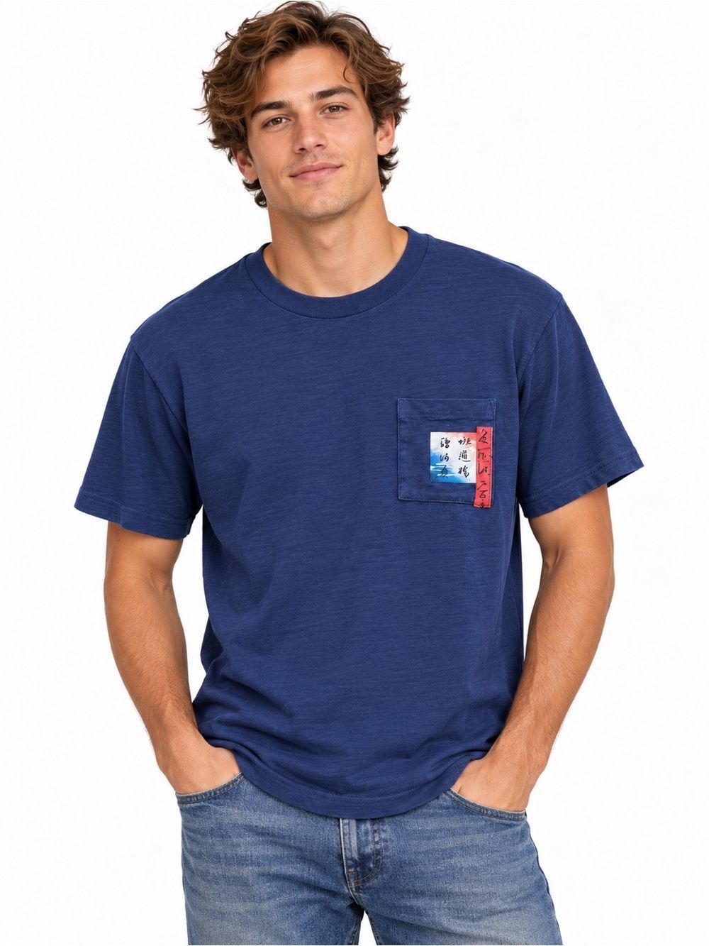 Uniqlo Washed Navy Blue Pocket Tee/T-Shirt w/Koi Fish Graphics Large EUC!